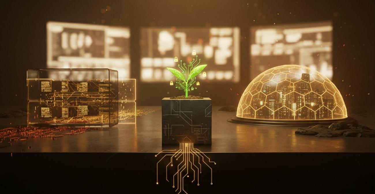 Symbolbild zur ISO-27001-Softwareentwicklung: Eine leuchtende digitale Pflanze mit Schloss-Symbolen und eine goldene Schutzkuppel versinnbildlichen sichere und zertifizierte Entwicklungsprozesse in einer warmen, technologischen Atmosphäre.