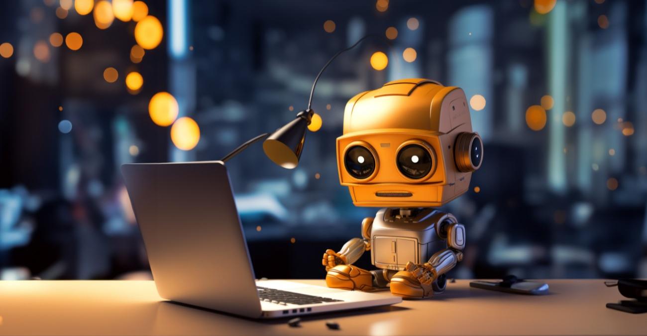 Ein kleiner und sehr putziger Roboter sitz an einem Notebook und überwacht den IT-Betrieb.