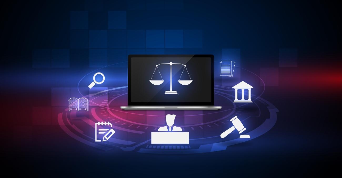 Eine einfach strukturierte Grafik aus verschiedenen Blautönen: Im Mittelpunkt das symbolische Bild einer Wage. Darum herum schweben weiße Symbole aus dem Rechts- und Behördenumfeld. Ein Symbolbild für IT-Grundschutz++ in Behörden.