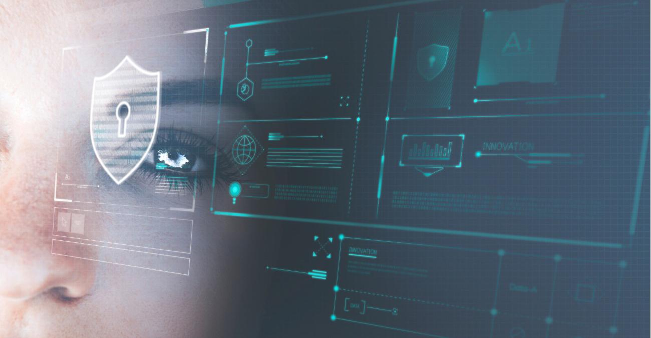 Wir sehen ein kunstvolles Bild mit drei Ebenen. Die hintere Ebene beschreibt eine grüne IT-Arbeitsumgebung bestehend aus Anzeigen und Symbolen. In der linken Seites des Bildes ist als zweite Ebene ein menschliches Gesicht mit Fokus auf das linke Auge eingeblendet. Darüber befindet sich als dritte Ebene ein Symbol für Cybersicherheit beim IT-Grundschutz## ain Unternehmen.