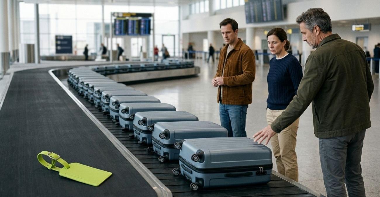 Reisende an einem Gepäckband voller identischer Koffer ohne Anhänger, daneben ein einzelner loser Anhänger: Sinnbild für fehlende Kennungen in der IT-Infrastruktur-Dokumentation.