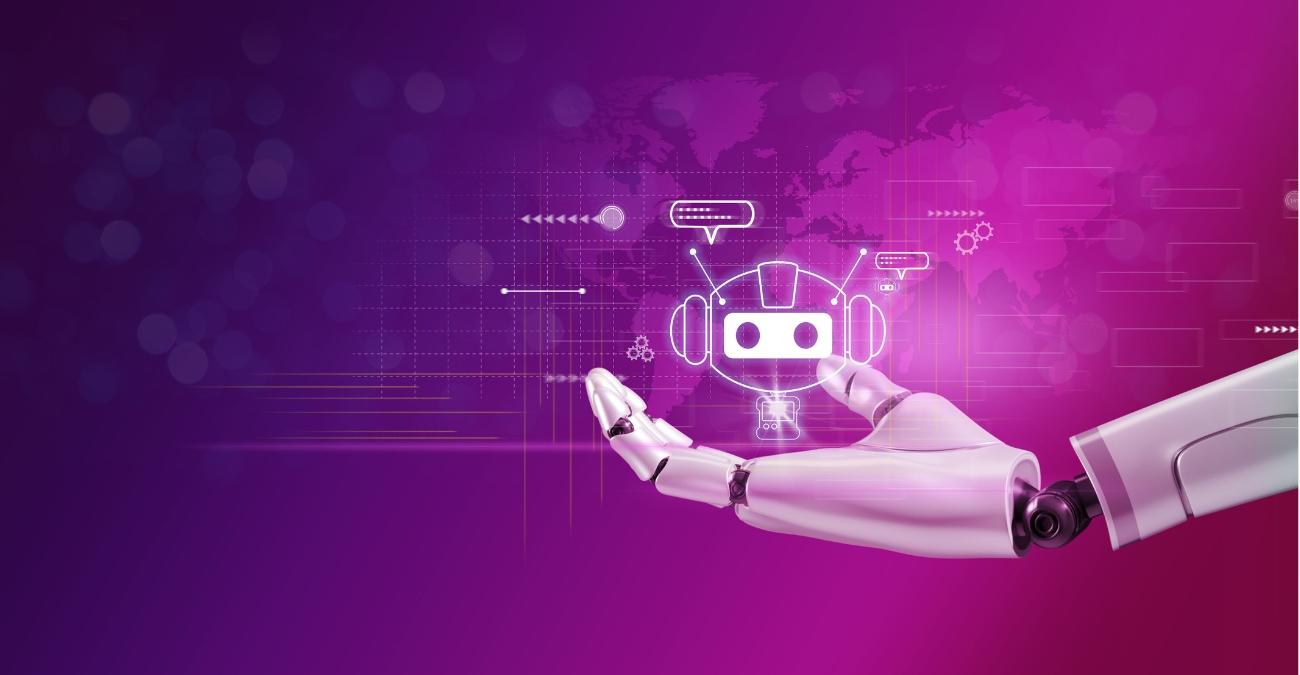 Im violetten Hintergrund schimmert transparent eine Weltkarte. Im Vordergrund hälte eine weiße Roboterhand einen kleinen KI-Agenten. Um diesen herum schwirren Symbole der IT-Wartung und Sprechblasen als symbolisch Darstellung für IT-Infrastruktur-Monitoring mit KI.