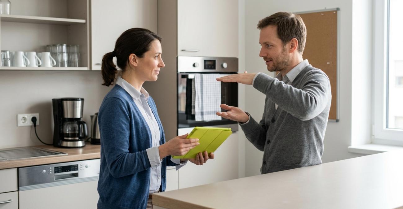 Eine Frau und ein Mann stehen in einer Bürokaffeeküche an der Theke im Gespräch. Sie hält ein Tablet mit gelbgrüner Hülle, er zeigt mit beiden Händen einen Abstand in der Luft. Sinnbild für das IT-Kostenmanagement, in dem die Lücke zwischen geplanten und tatsächlichen Ausgaben besprochen wird.