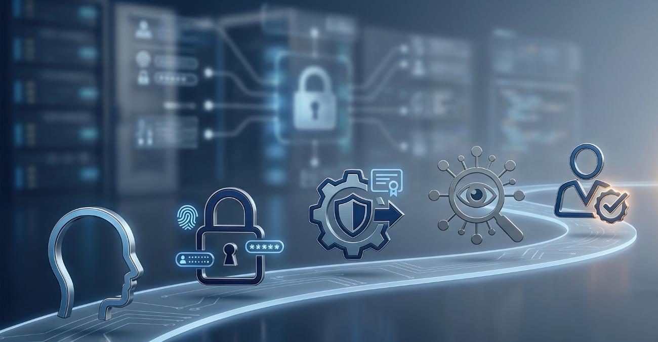 Fünf 3D-Icons auf einem leuchtenden digitalen Pfad symbolisieren Teildisziplinen des IT Lifecycle Managements: Identität, Zugriffskontrolle, Sicherheitsmanagement, Monitoring und Compliance-Freigabe – vor Rechenzentrum-Hintergrund.