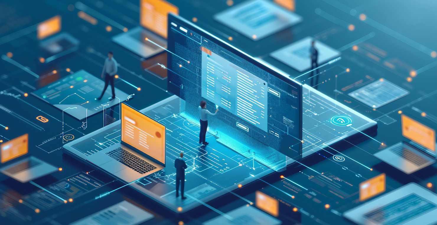 Das innere eines großen Computers. Mehrere Menschen laufen darin umher und arbeiten am IT-Security-Management.