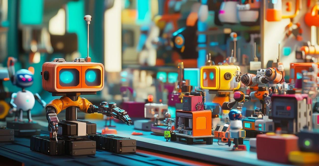 Bunte Roboter an einem reibungslos laufenden Fabrik-Fließband als Sinnbild für sichere Software Services durch IT Service Continuity Management.