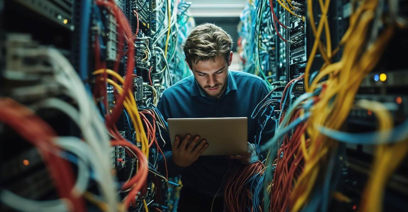 Ein junger IT-Spezialist steht mit seinem Tablett im Serverraum eines großen Unternehmens. Inmitten tausender bunter Kabel betreibt er IT Service Management (ITSM).