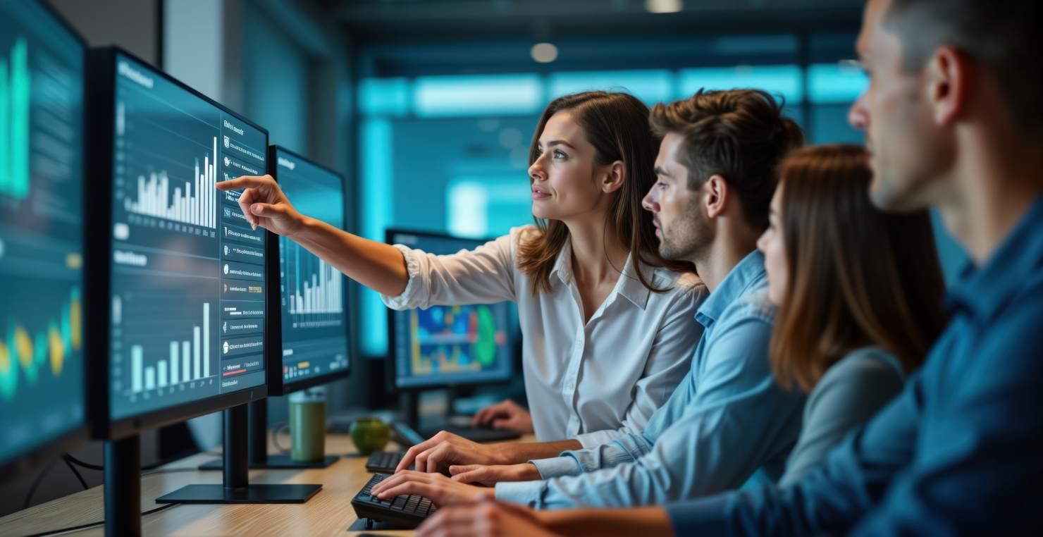 Mehrere Angestellte aus dem Bereich IT sitzen an einem langen Tisch vor ihren PC-Bildschirmen. Eine dynamische IT-Mitarbeiterin erklärt anhand eines Beispiels auf einem Screen IT-Service-Management-Prozesse.