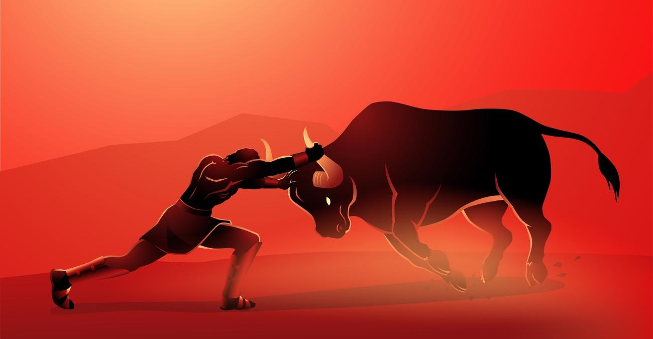 Zeichnung von Herkules im Ringkampf mit dem schwarzen Schatten eines Stiers vor rotem Hintergrund – Sinnbild für die tägliche Auseinandersetzung mit Bedrohungen in der IT-Wartung für KRITIS.