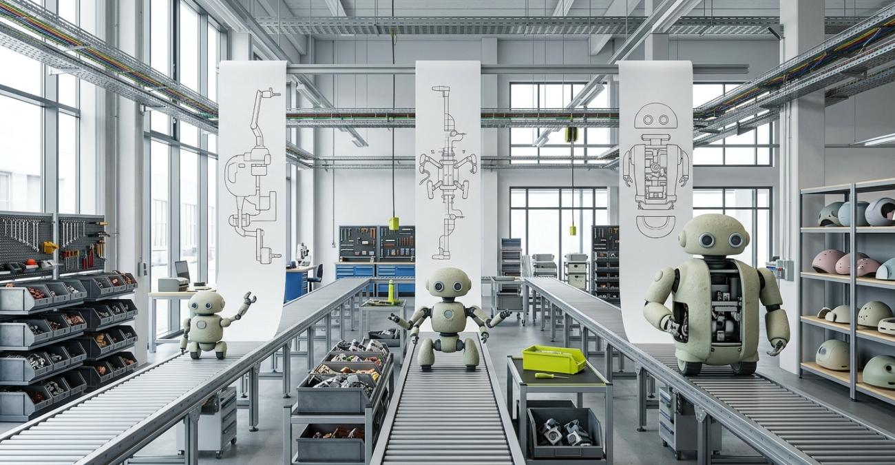 Drei Fließbänder in einer hellen Werkshalle, an jedem ein anders großer Roboter, darüber je eine eigene Bauzeichnung. Sinnbild für unterschiedlich zugeschnittene Angebote.