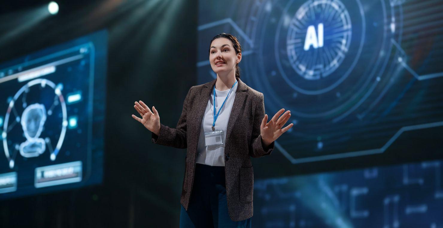 Eine Frau im Business-Dress hält auf einer Bühne ein Symposium zum Thema IT-Anwendung in Unternehmen und Behörden.