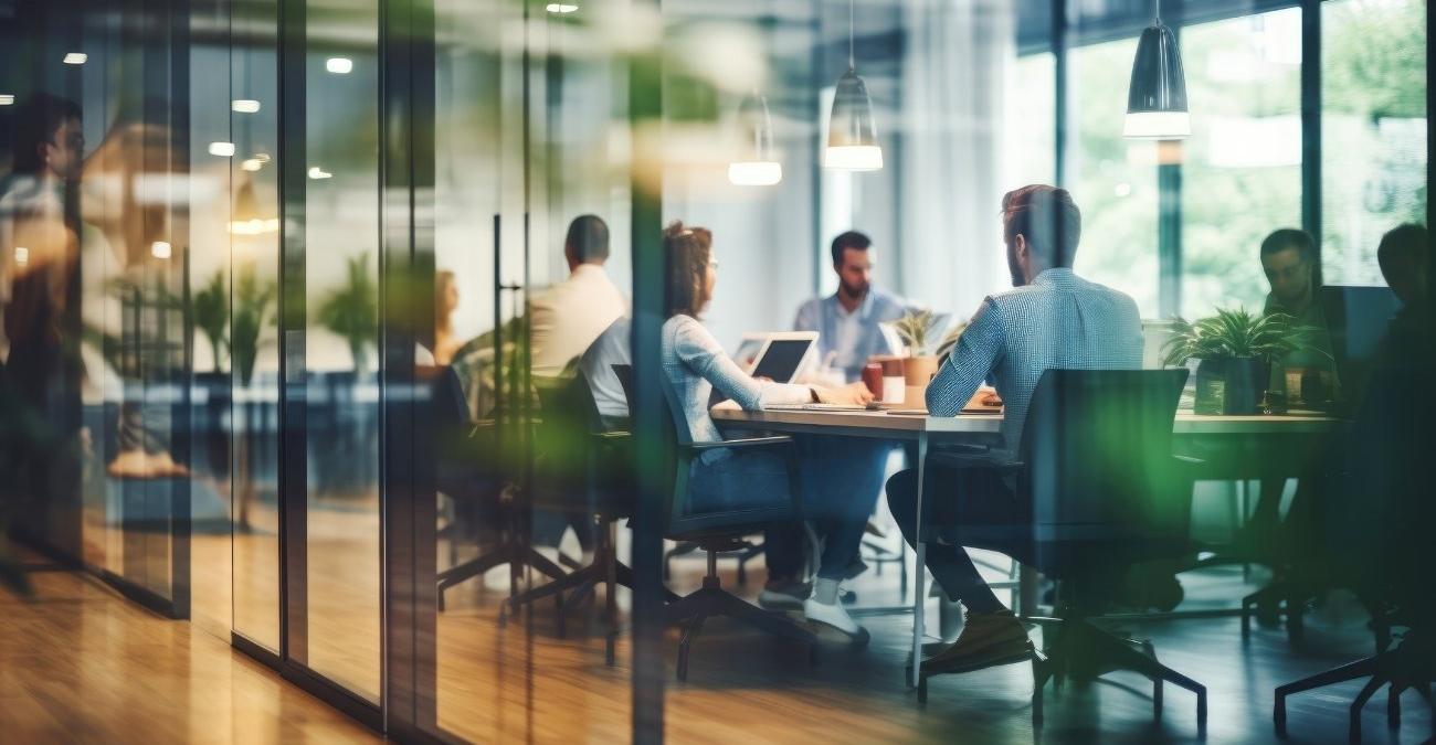 Verschwommene Personen in Alltagskleidung gehen durch ein helles Großraumbüro mit weichem Bokeh-Hintergrund — ein Sinnbild für gelebte KI-Compliance in der öffentlichen Verwaltung.