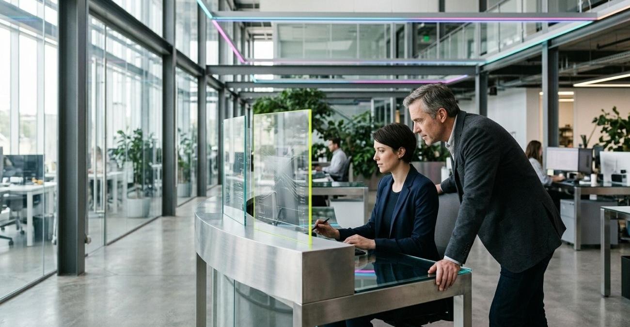 Zwei Mitarbeitende arbeiten gemeinsam an einem futuristischen Arbeitsplatz aus Stahl und Glas. Sinnbild für KI im CRM, die Vertrieb und Service unterstützt.