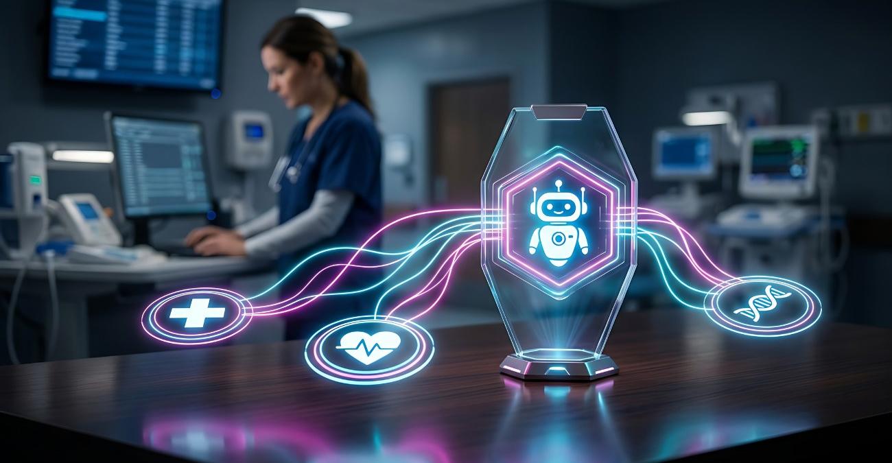 KI im Gesundheitswesen: holografisches Roboter-Symbol auf einem Klinik-Tresen, vernetzt mit Icons für Medizin, Herzfrequenz und DNA, im Hintergrund eine Pflegekraft am Monitorarbeitsplatz