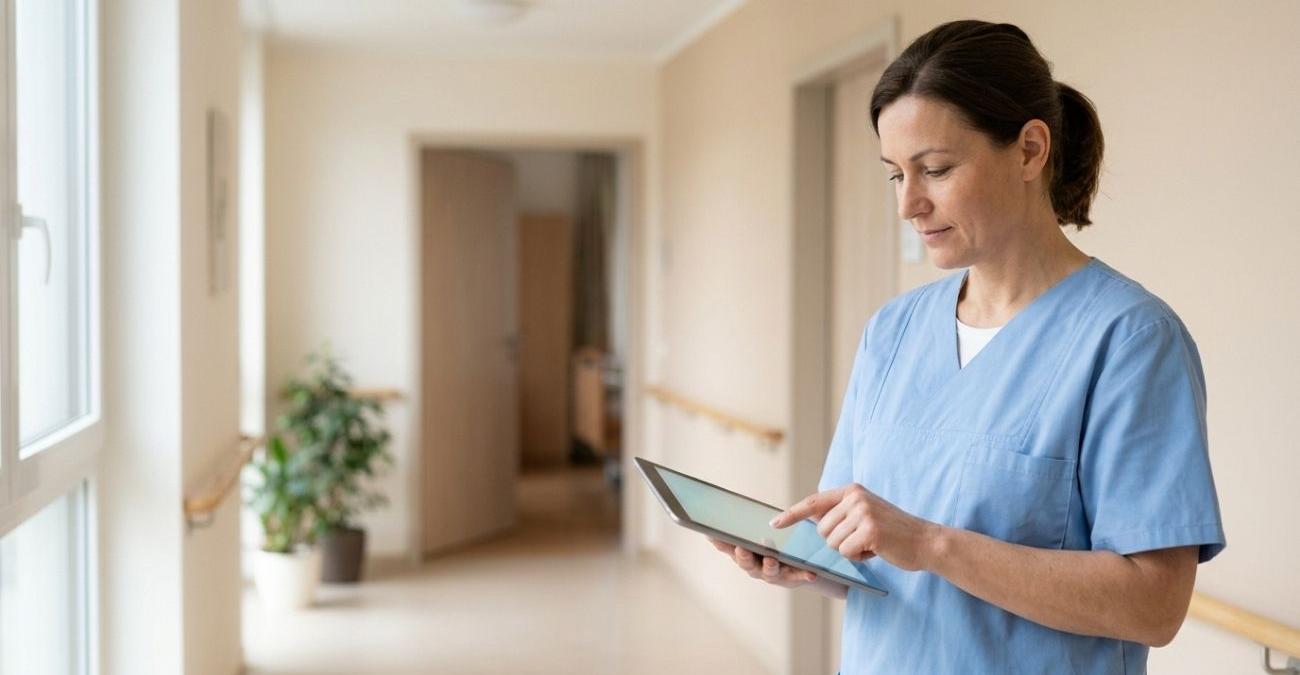 Eine Pflegefachperson in hellblauem Kittel erfasst im Flur einer Pflegeeinrichtung einen Eintrag auf einem Tablet. Ein Symbolbild für KI in der Pflege, die Dokumentation und Planung unterstützt.
