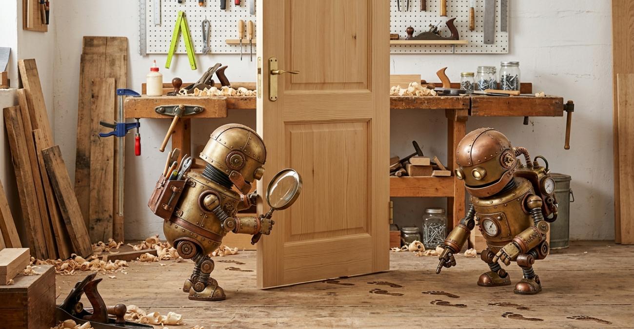 Zwei kleine Messingroboter untersuchen in einer Holzwerkstatt eine Tür, der eine mit einer Lupe in der Hand, der andere zeigt auf eine Reihe Fußspuren am Boden. Sinnbild dafür, dass KI-Sicherheit auch dann gefragt ist, wenn technisch nichts beschädigt wurde.