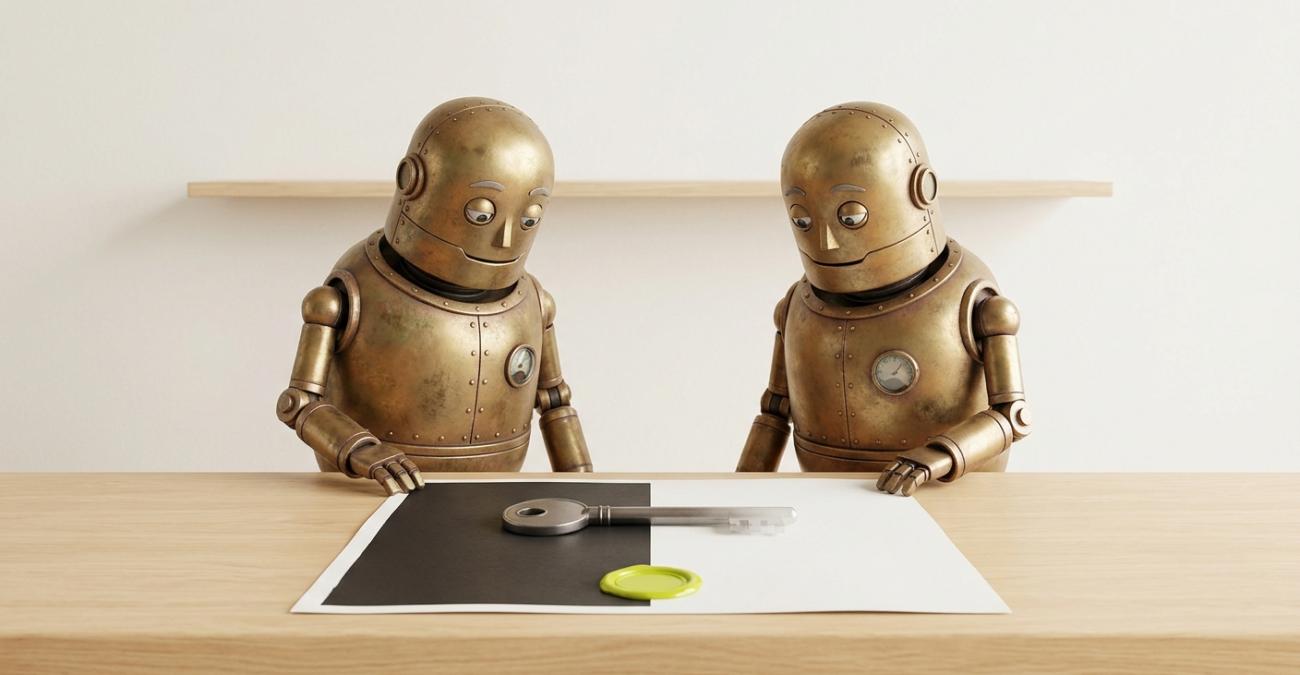 Zwei messingfarbene Roboter an einer Theke blicken auf einen Schlüssel, der über der geschwärzten Hälfte eines Bogens massiv ist und über der leeren Hälfte durchsichtig wird. Sinnbild dafür, dass Rechte an KI-generiertem Code nur so weit reichen, wie der Vertrag sie beschreibt.