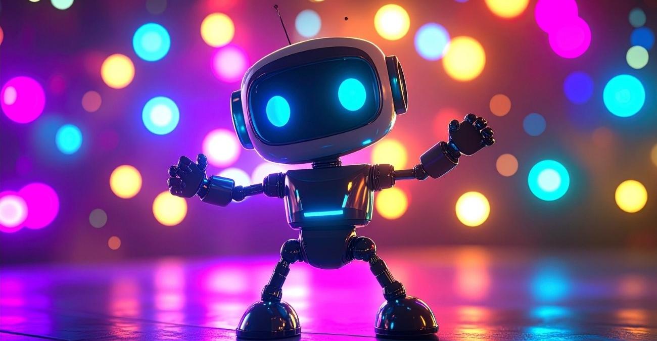 Ein kleiner Roboter tanzt vor buntem Disco-Light. Er genießt es, dass sein System KI-Souveränität besitzt.