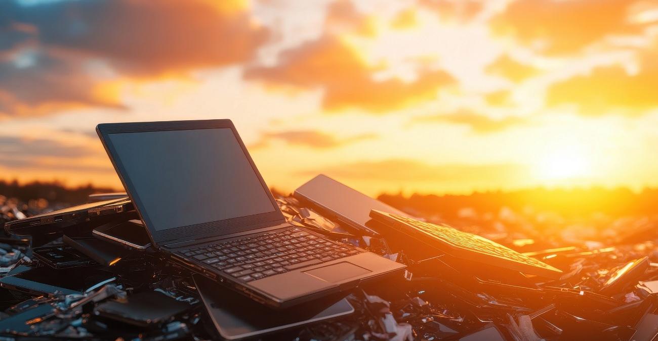 Ein Notebook liegt auf einem Müllhaufen aus Hardware. Im Hintergrund taucht die aufgehende Sonne das Szenario in hoffnungsvolles Licht. Ein Symbolbild dafür, Legay Software modernisieren zu lassen.