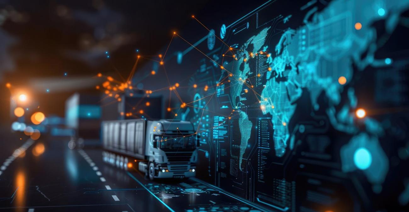 Ein LKW auf nächtlicher Straße vernetzt mit einer digital überlagerten Weltkarte und leuchtenden Datenpunkten als Sinnbild für Lieferketten-Souveränität in KRITIS-Betrieben zwischen physischem Transport und digitaler Kontrolle globaler Zulieferer.