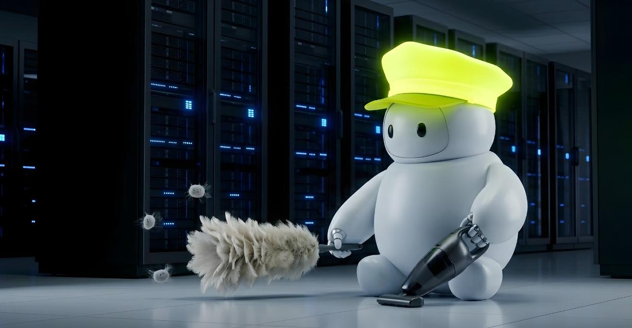 Ein Roboter mit gelber Mütze säubert mit Staubwedel und Handsauger kleine Staubkugeln in einem Rechenzentrum: ein Symbolbild für Managed Hosting für Individualsoftware und den laufenden, gepflegten Betrieb.