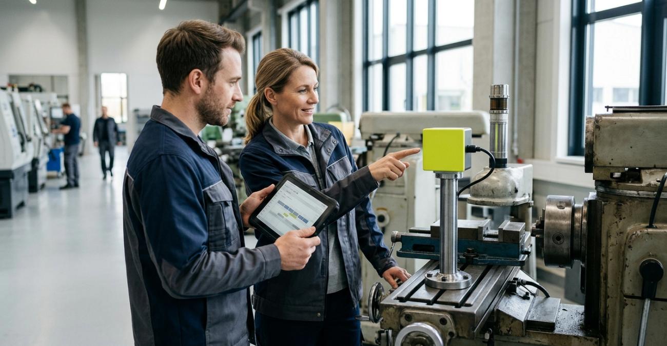 Eine Produktionsleiterin zeigt auf ein gelbgrünes Kästchen an der Signalsäule einer älteren Fräsmaschine, ihr Kollege hält ein Tablet mit einer Zeitleiste. Sinnbild für Maschinendatenerfassung ohne Umbau der Maschine.
