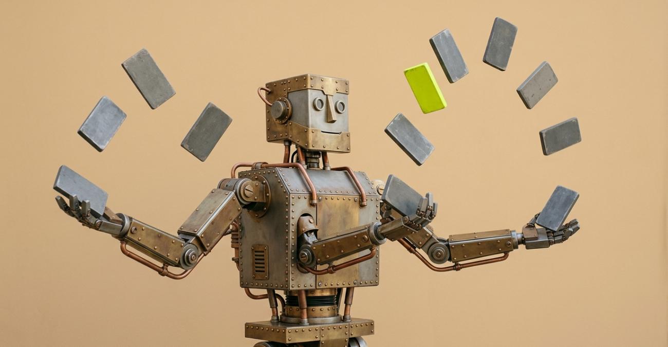 Kantiger Roboter in Steampunk-Optik jongliert mit vierzehn grauen Tafeln, von denen eine gelbgrün leuchtet. Sinnbild für die vielen Systeme, die eine Verwaltung beim Umstieg gleichzeitig in der Luft halten muss.