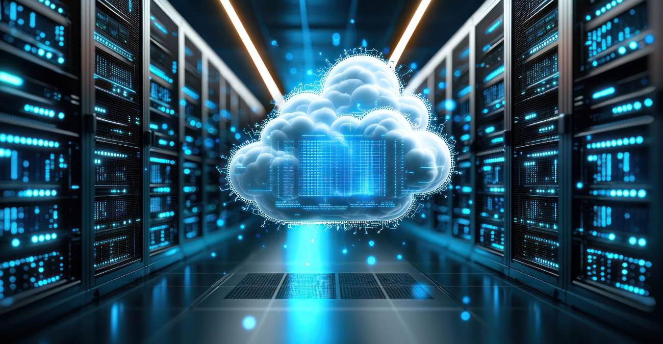 Eine animierte Wolke schwebt zwischen blau blinkenden Serverschränken. Das symbolisiert Multi-Cloud-Strategien im Konzern.