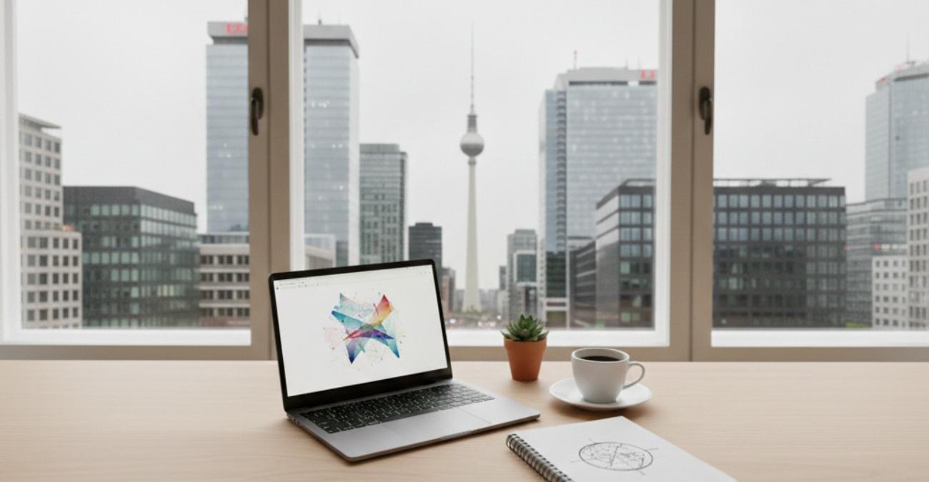 Ein aufgeräumter Schreibtisch mit Laptop, Kaffeetasse und Skizzenbuch vor einem Panoramafenster. Im Hintergrund die Skyline von Berlin mit dem Fernsehturm und moderner Architektur. Ein Symbolbild zum Thema NGO-Software Berlin..