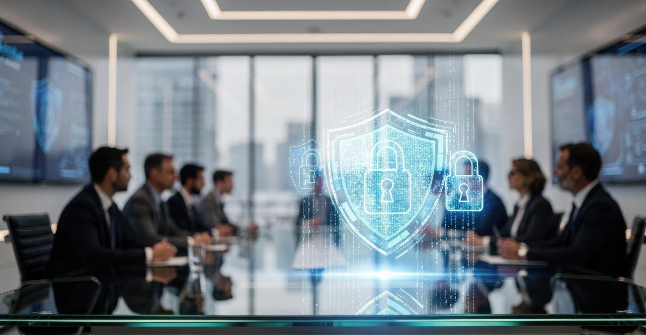 Eine Gruppe von Geschäftsleuten diskutiert in einem modernen Büro über NIS-2-Governance im Konzern, während digitale Schutzschilde und Schlösser in der Luft schweben.