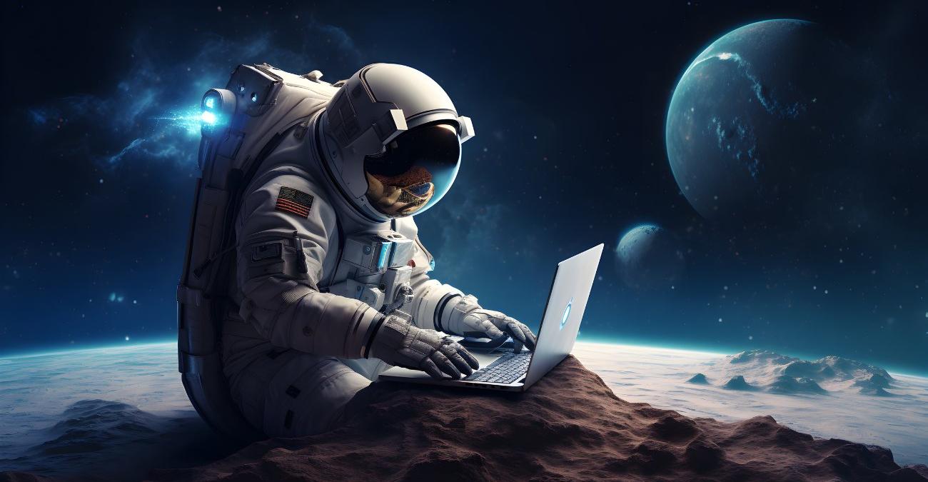 Ein Astronaut kniet auf einem fremden Planeten. Vor sich hat er auf einem kleinen Hügel sein Notebook aufgebaut. Ein Symbolbild für NIS-2-Risikomanagement. 