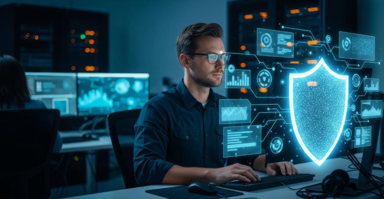 Ein abgedunkeltes Büro voller Monitore. Ein Cybersecurity-Analyst sitzt an seinem Rechner. Im Bild eingeblendet sind schwebende Screens und ein großes Sicherheits-Symbol für NIS-2-Softwareanbieter