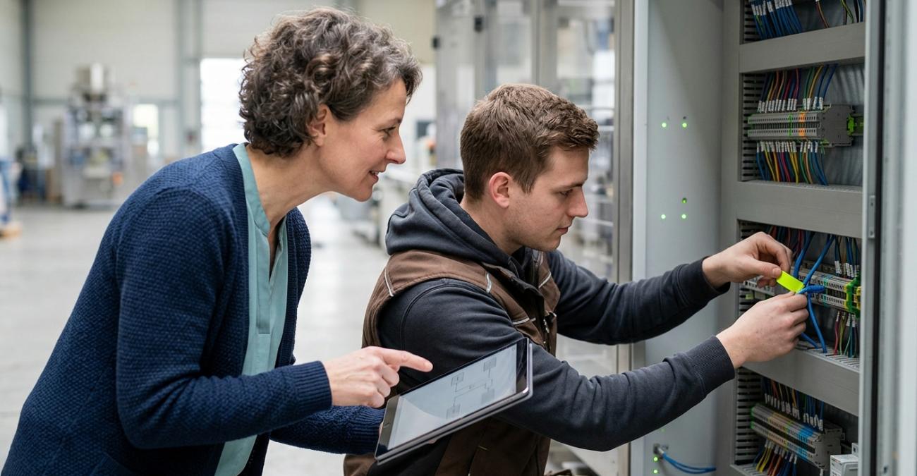 Ein junger Techniker bringt im offenen Schaltschrank einer Produktionsmaschine ein gelbgrünes Etikett an einer Netzwerkleitung an, neben ihm zeigt eine Produktionsleiterin mit einem Tablet auf den Schrank. Sinnbild für NIS-2 im verarbeitenden Gewerbe, bei dem jede Verbindung der Produktions-IT bekannt und dokumentiert sein muss.