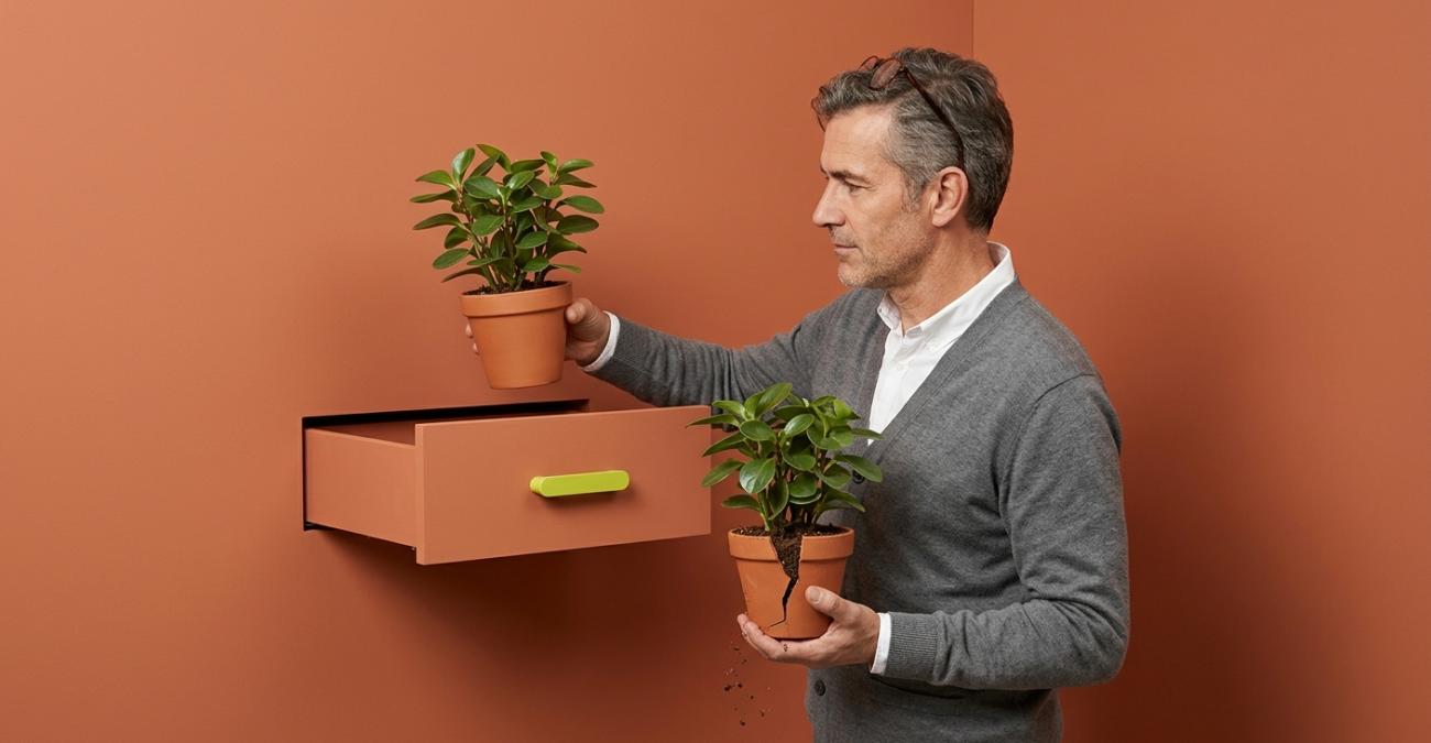Ein Mann hält einen gesprungenen Blumentopf und hebt dieselbe Pflanze unversehrt aus einer Schublade, die aus der glatten Wand ragt. Sinnbild für die NIS-2-Datensicherung, bei der die getrennte Kopie im Ernstfall bereitsteht.