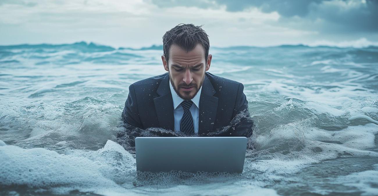 Ein Mann sitz im Anzug im Meer. Das Wasser reicht ihm bis zu den Schultern. Er blickt angespannt in den Bildschirm seines Laptops. Ein Symbolbild für NIS2-Fehler und deren Vermeidung.