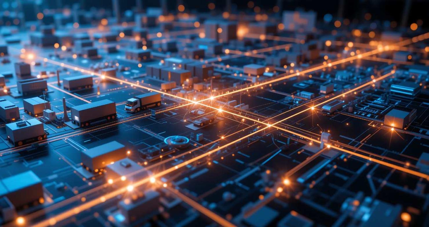 Eine futuristische 3D-Karte mit leuchtenden Lieferketten-Pfaden. Entlang der Route fahren kleinen LKW. Auch Warenhäuser sind zu sehen. Ein Symbolbild für das Lieferkettenmanagement als Teil der NIS2-Verantwortlichkeiten im Konzern.