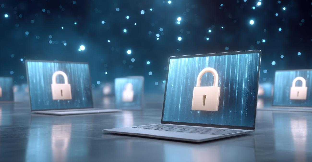 Mehrere Notebooks stehen auf einer glatten Fläche, ähnlich einem riesigen Tisch. Auf den Bildschirmen sind Vorhängeschlösser abgebildet. Ein Symbolbild für die neuen NIS2 Pflichten für KRITIS.