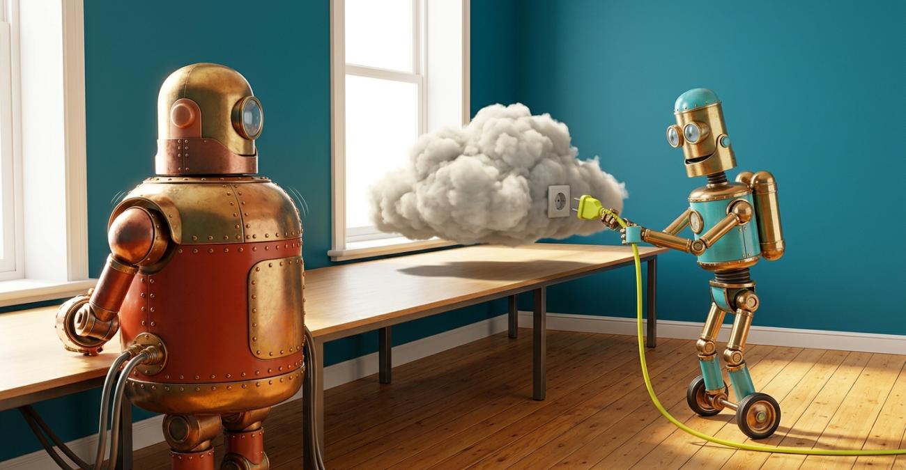 Zwei Steampunk-Roboter in einem hellen Raum mit türkiser Wand. Der schwere, fest verkabelte Roboter steht vor einer leeren Werkbank, der schlanke Roboter auf Rollen zieht einen gelbgrünen Stecker aus einer Steckdose in einer Wolke. Sinnbild dafür, dass eigene Hardware auch im Leerlauf kostet, während Cloud-Leistung nur bei Nutzung anfällt.