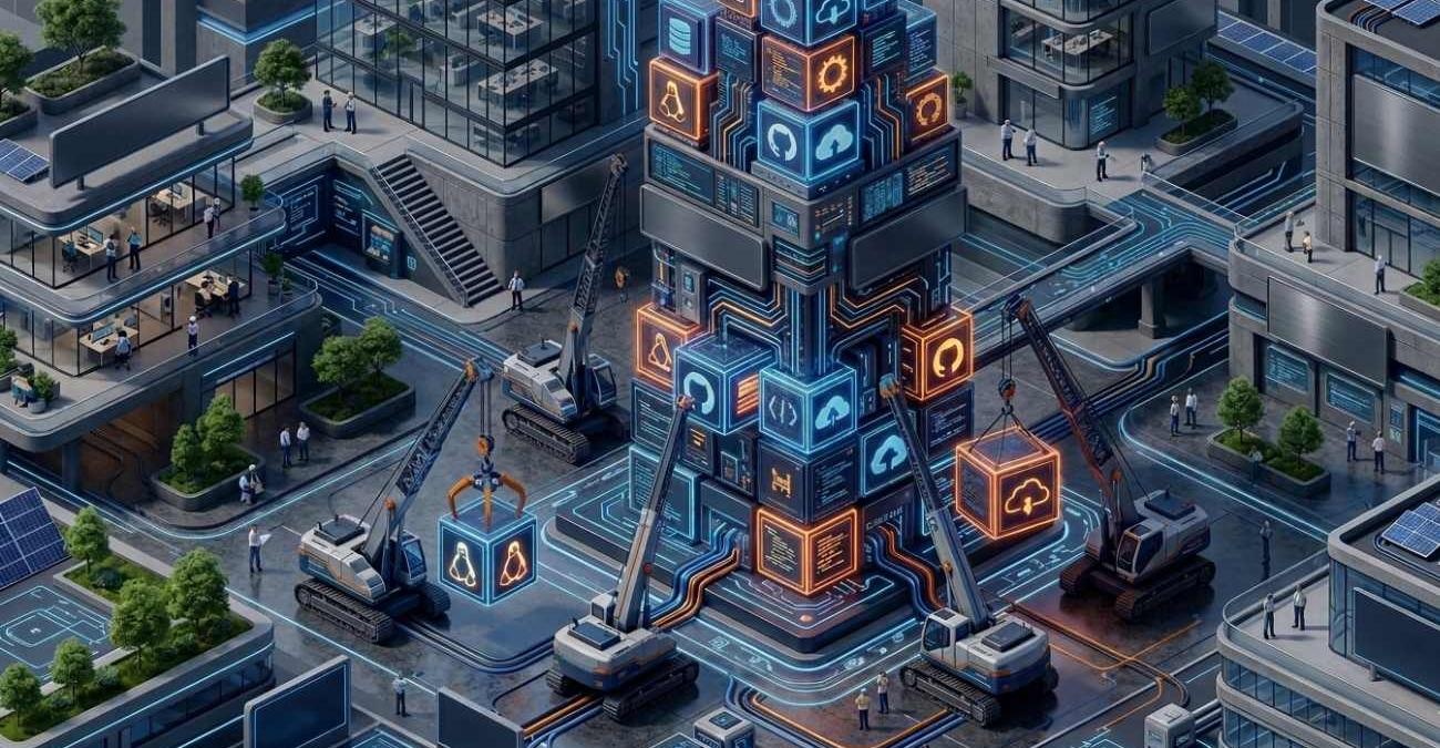Eine hochwertige 3D-Illustration in dunklen Blau- und Grautönen, die zeigt, wie Baukräne leuchtende Software-Module zu einem stabilen Turm zusammensetzen – eine Metapher für den Aufbau einer nachhaltigen Open-Source-Strategie in einem modernen Unternehmensumfeld.