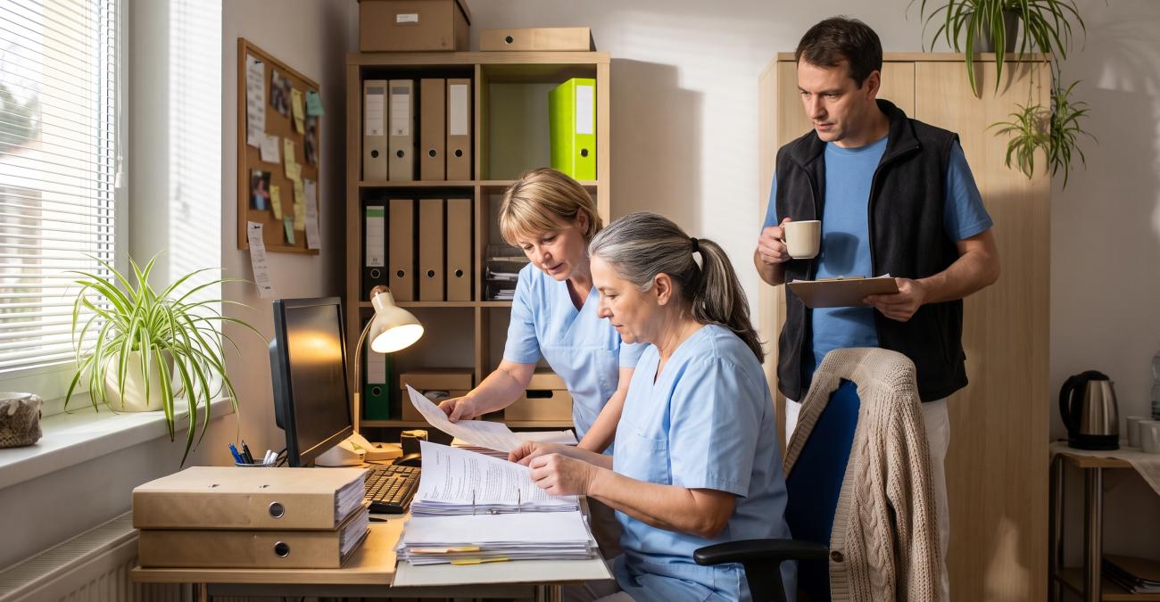 Eine Pflegekraft prüft am Schreibtisch Unterlagen, zwei Kollegen sehen mit, dahinter ein Regal voller Aktenordner. Sinnbild für die Pflegedokumentation als Büroarbeit.