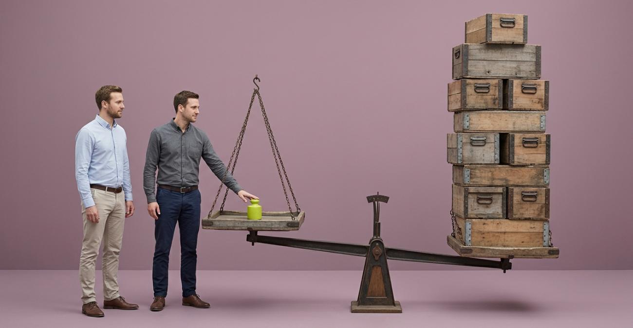 Zwei Männer in Bürokleidung betrachten eine große Balkenwaage, in deren einer Schale ein einzelnes kleines gelbgrünes Gewicht liegt, während am anderen Ende ein hoher Stapel schwerer Holzkisten hängt. Sinnbild für einen Proof of Concept in der Software, bei dem eine kleine Vorprüfung über eine große Investition entscheidet.
