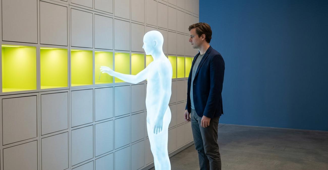 Eine leuchtende Figur greift in eine Wand aus gleichen Schrankfächern, von denen nur ein gelbgrün beleuchteter Streifen geöffnet ist, daneben steht ein Mann im Sakko. Sinnbild für ein RAG-System, das nur freigegebene Quellen abruft.