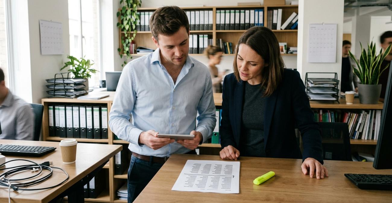 Zwei Beschäftigte stehen im Büro über einer ausgedruckten Rechnung, deren Positionsliste ein waagerechter Strich in zwei Hälften teilt. Sinnbild für Wertgrenzen in einer Rechnungsfreigabe-Software.