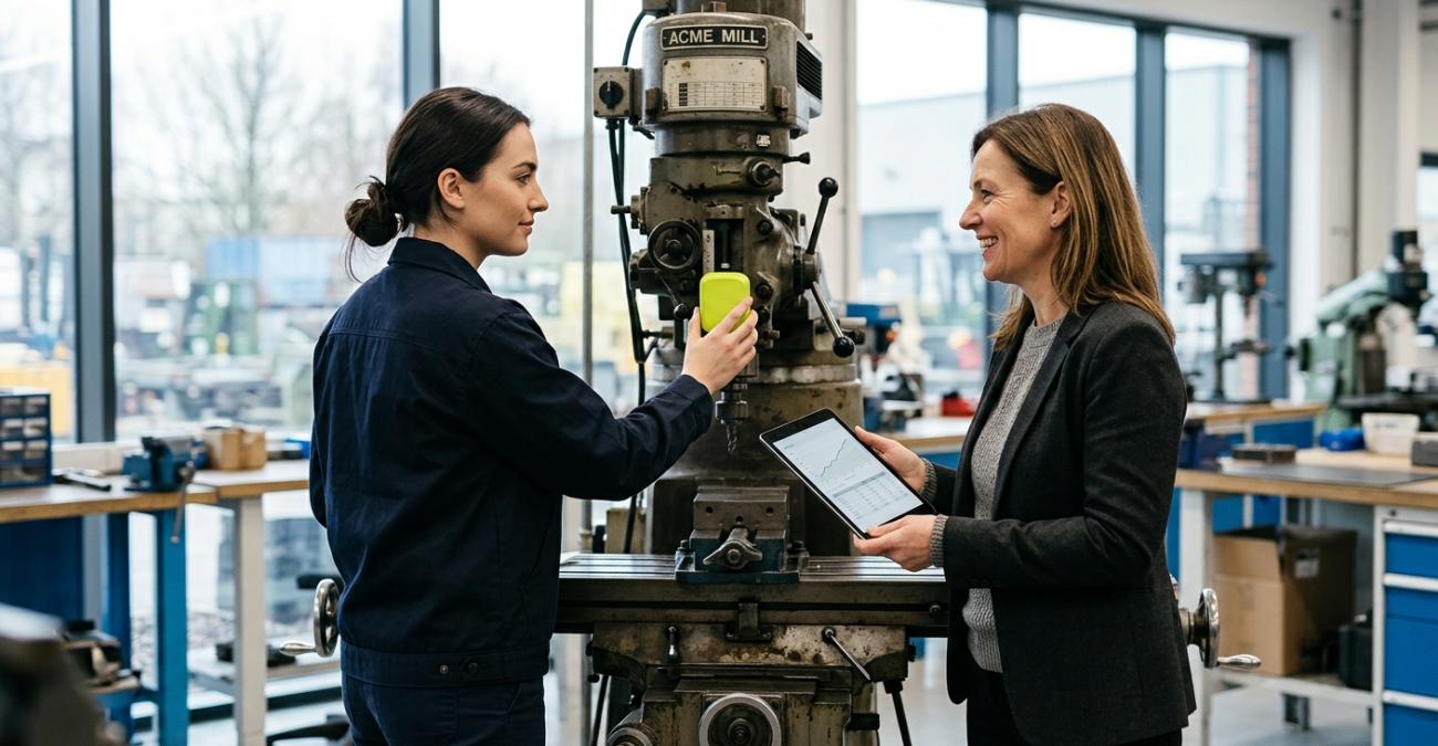 Eine Technikerin setzt einen gelbgrünen Sensor außen an eine ältere Fräsmaschine, daneben hält eine Geschäftsführerin ein Tablet mit einer ansteigenden Kurve. Sinnbild für den digitalen Retrofit, der Maschinendaten liefert, ohne die Maschine umzubauen.