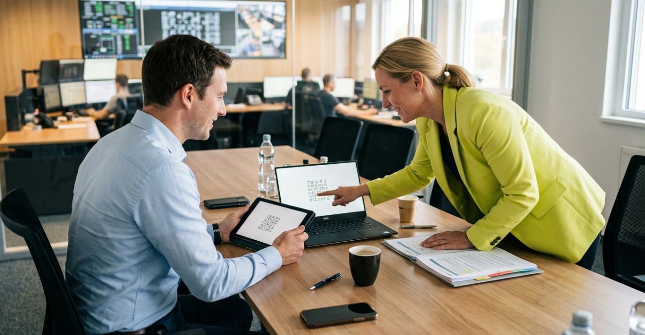 Eine Frau im gelbgrünen Blazer zeigt auf ihren Laptop, ein Mann hält sein Tablet daneben, beide Bildschirme zeigen dieselbe Zeichenfolge, im Hintergrund eine Leitwarte. Sinnbild für Audit Logging, dessen Prüfwert gegen ein getrenntes System abgeglichen wird.