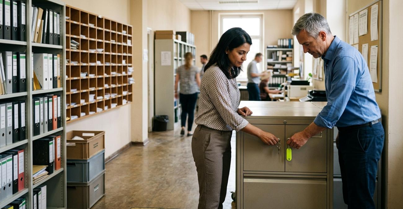 Zwei Beschäftigte stecken je einen Schlüssel in ein Aktenschrankschloss mit zwei Schlüssellöchern. Sinnbild für das Rollenmodell in Individualsoftware, das einen Vorgang an zwei Befugnisse bindet.