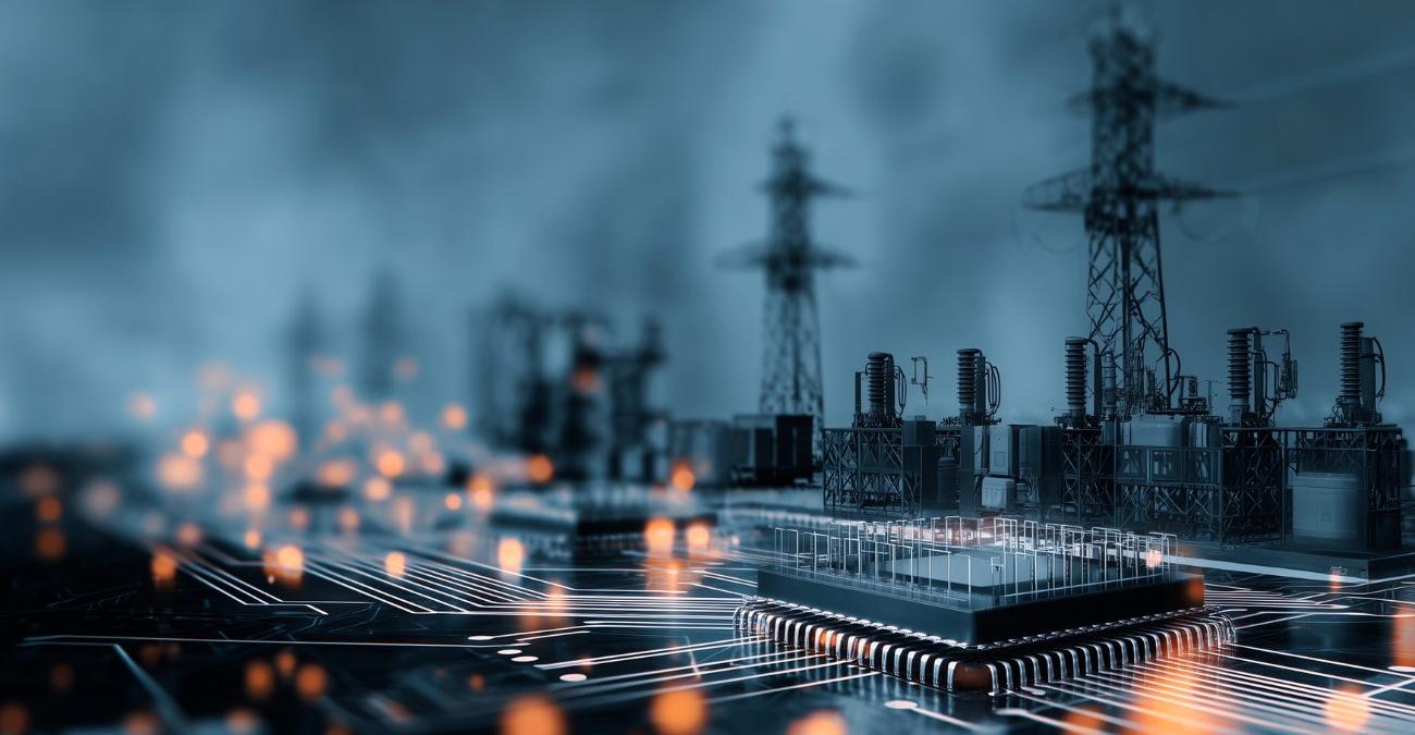 Computing-Chips des KI-Zeitalters, verbunden mit Kraftwerken und Energiespeichern, deren Stromversorgung ihren Betrieb überhaupt erst möglich macht. Ein Symbolbild für Schwachstellenmanagement für KRITIS.