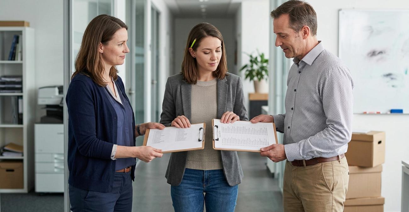 Drei Personen in einem Bürogang, zwei halten sich Klemmbretter mit Namenslisten hin, die dritte vergleicht beide. Sinnbild für den Abgleich zweier Systeme, die denselben Personenkreis unterschiedlich kennen.