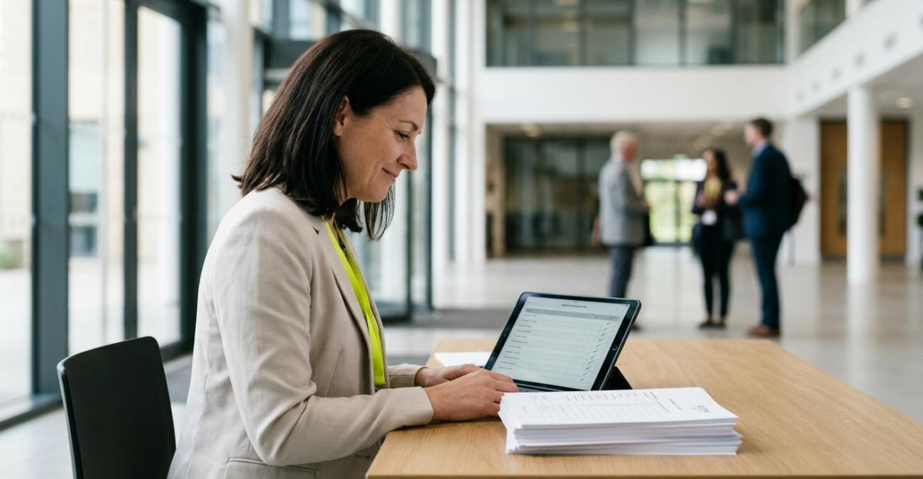 Eine Seminarorganisatorin prüft im Foyer eines Bildungszentrums die abgehakte Teilnehmerliste auf dem Tablet, daneben liegen die Teilnahmebescheinigungen schon gedruckt bereit. Sinnbild für Seminarverwaltungs-Software, die Anmeldung und Bescheinigung in einem Ablauf führt.