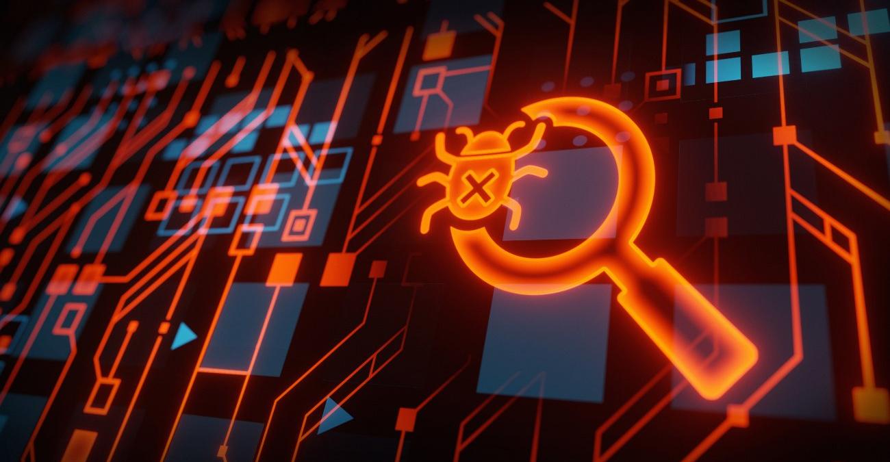 Eine symbolische Grafik zeigt die große Leiterplatine eines PCs. Davor eine glühend leuchtenden Zange, die einen orangen Bug fängt. So wird die Funktion von Sicherheitspatches verdeutlicht.